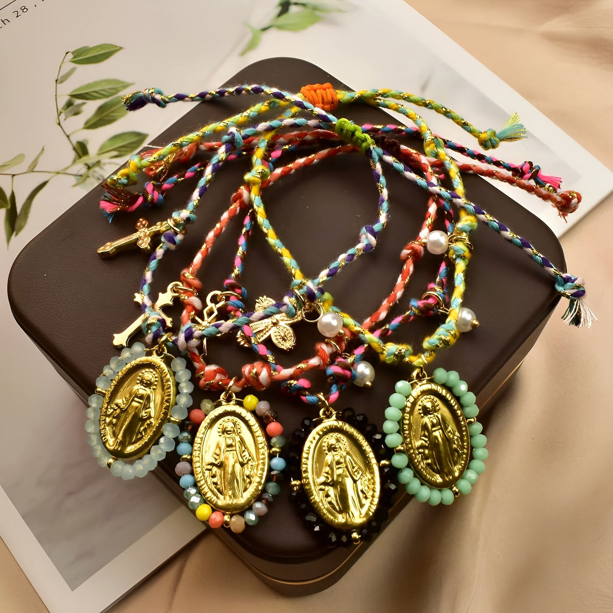 4pc Boho Woven Virgin Mary Bracelet Set