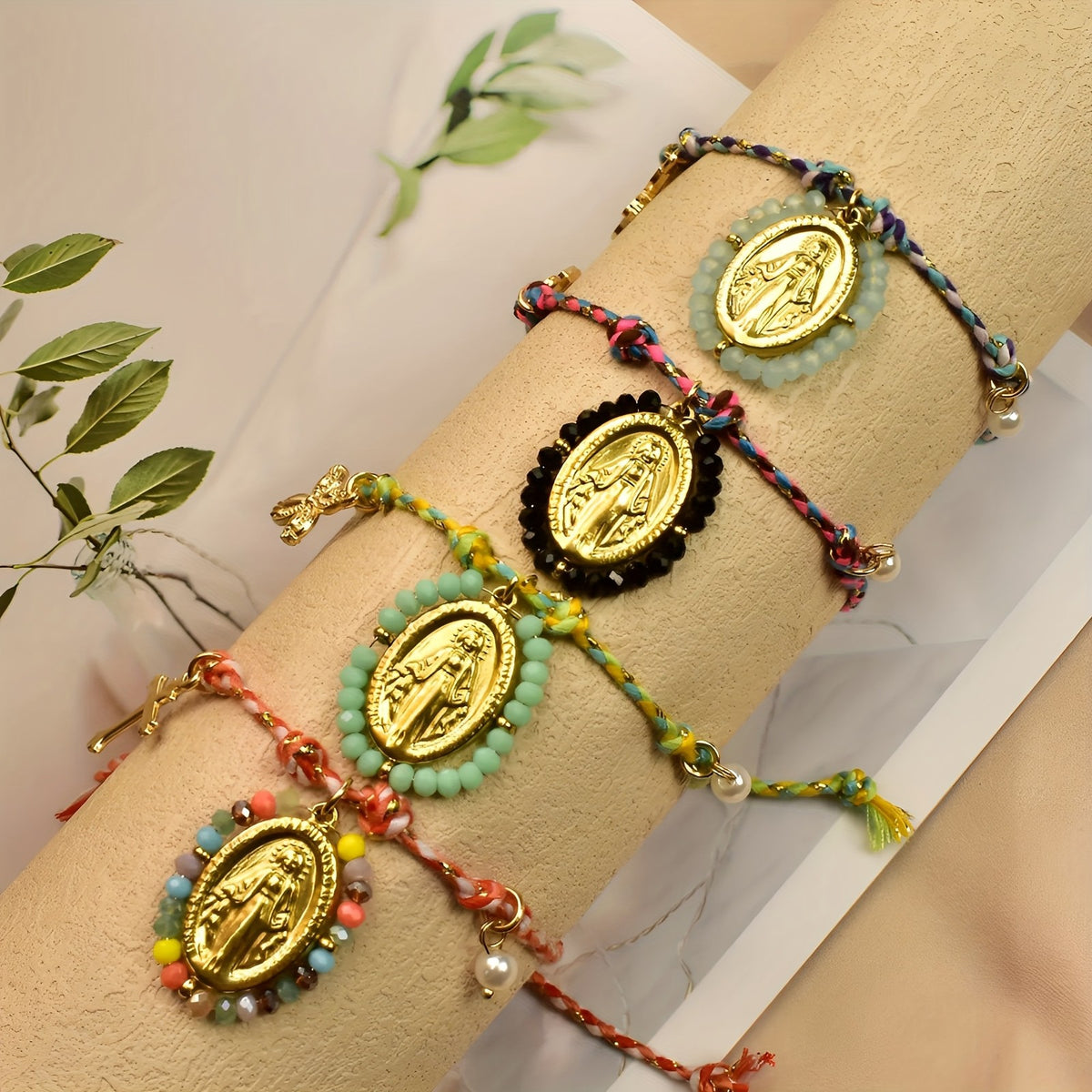 4pc Boho Woven Virgin Mary Bracelet Set