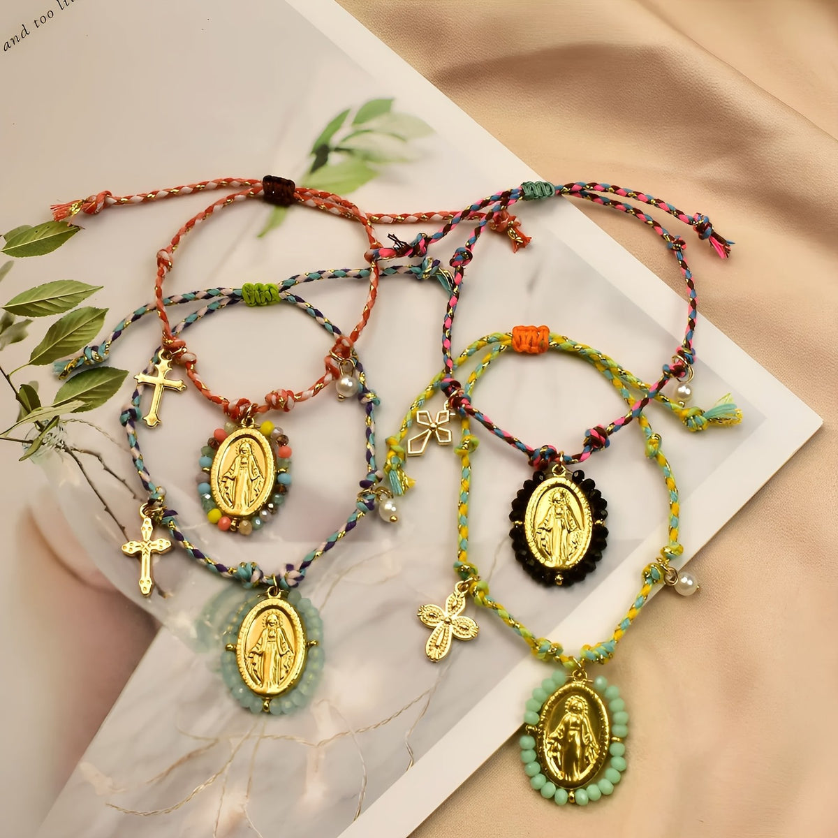 4pc Boho Woven Virgin Mary Bracelet Set