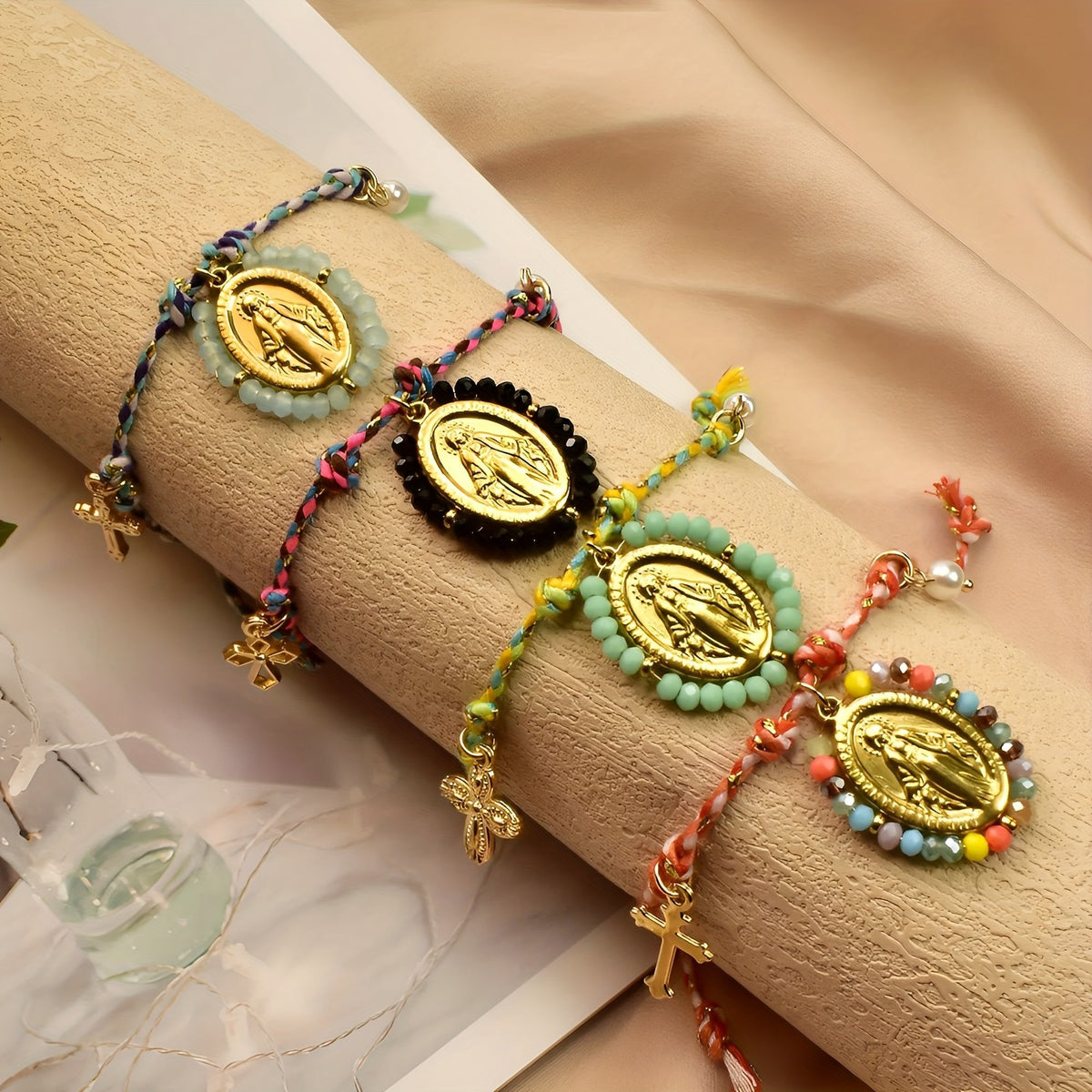 4pc Boho Woven Virgin Mary Bracelet Set