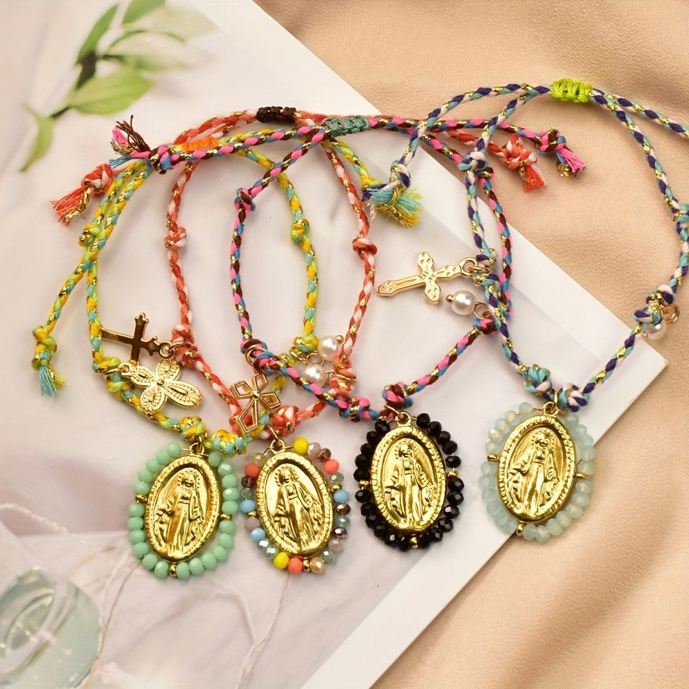 4pc Boho Woven Virgin Mary Bracelet Set