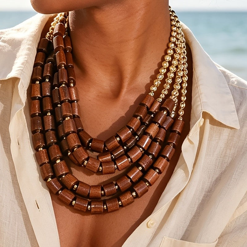Boho Vintage Wooden Cylinder Multi-Layer Necklace