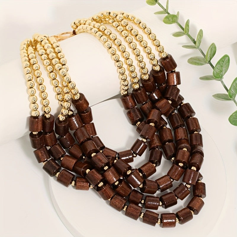 Boho Vintage Wooden Cylinder Multi-Layer Necklace