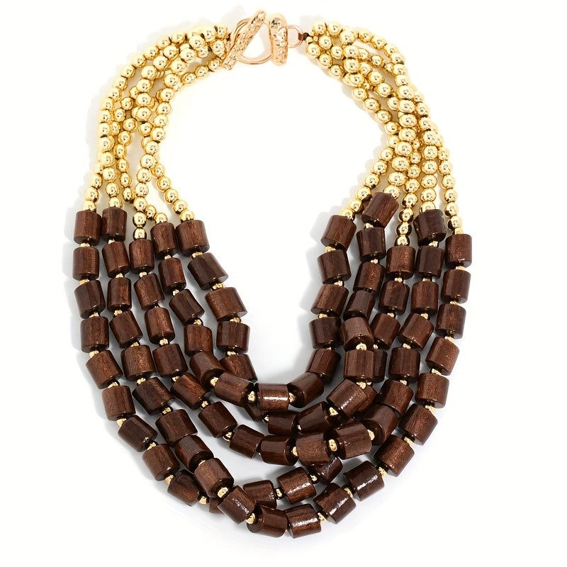 Boho Vintage Wooden Cylinder Multi-Layer Necklace