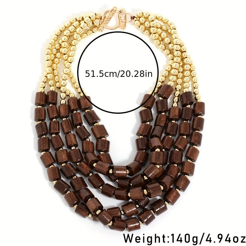 Boho Vintage Wooden Cylinder Multi-Layer Necklace