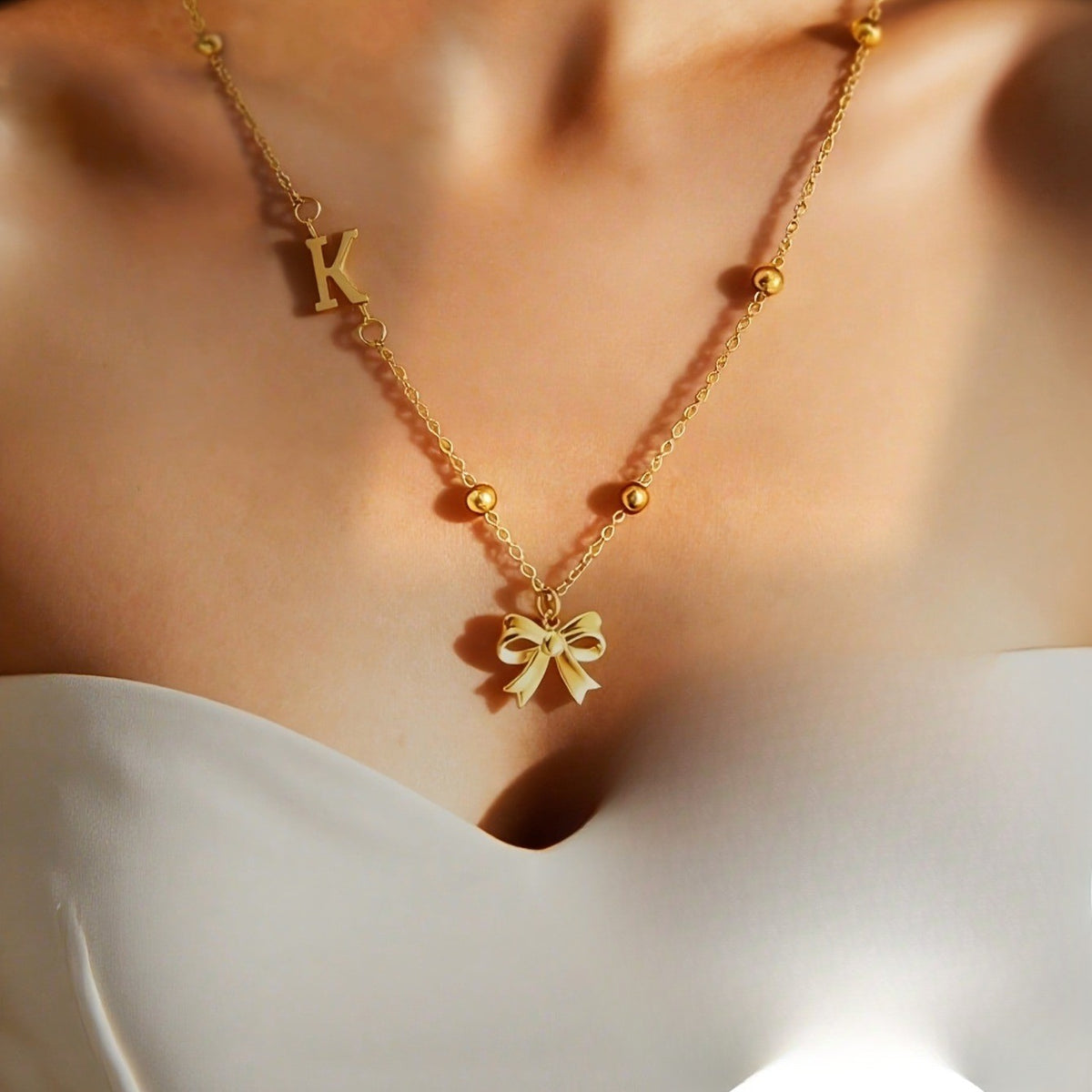 Dainty Letter Initial Bow Necklace