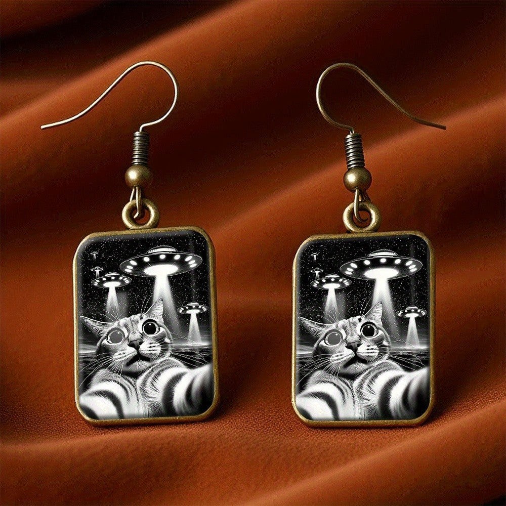Retro Cat UFO Drop Earrings