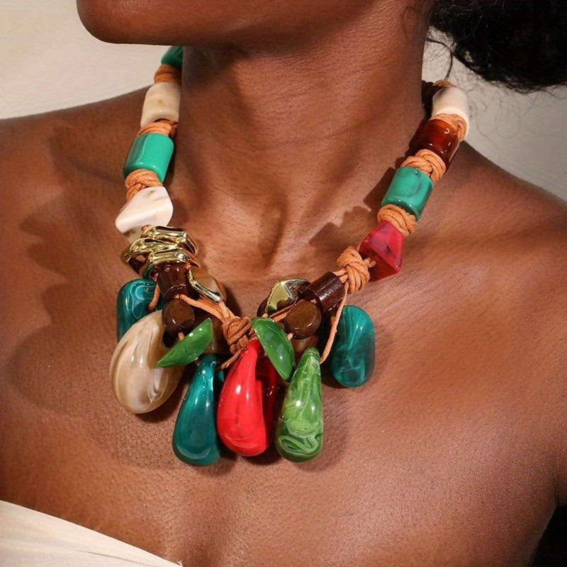 Boho Woven Rope Malachite Teardrop Necklace