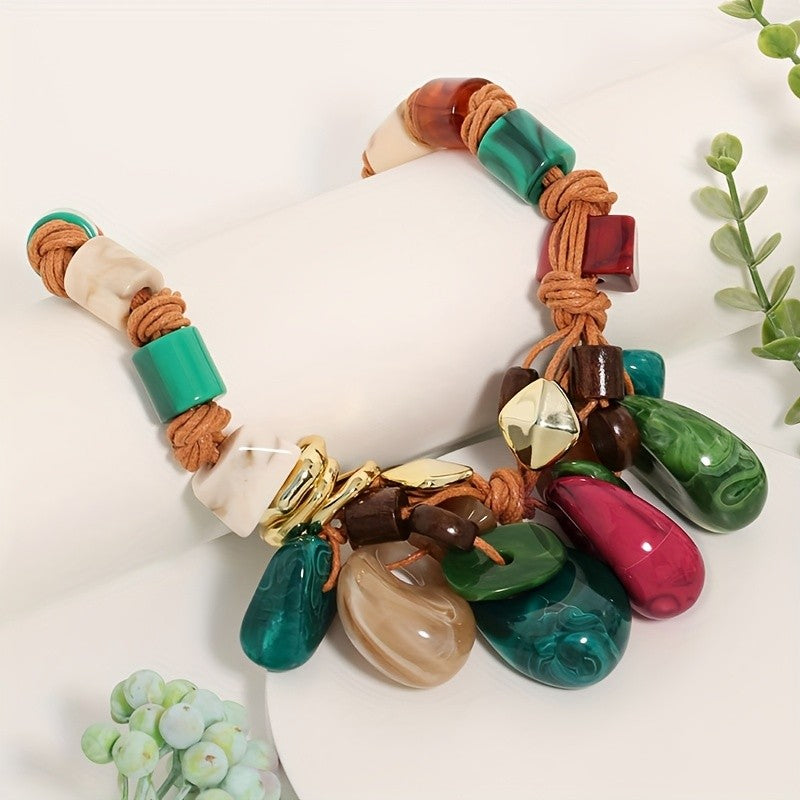 Boho Woven Rope Malachite Teardrop Necklace