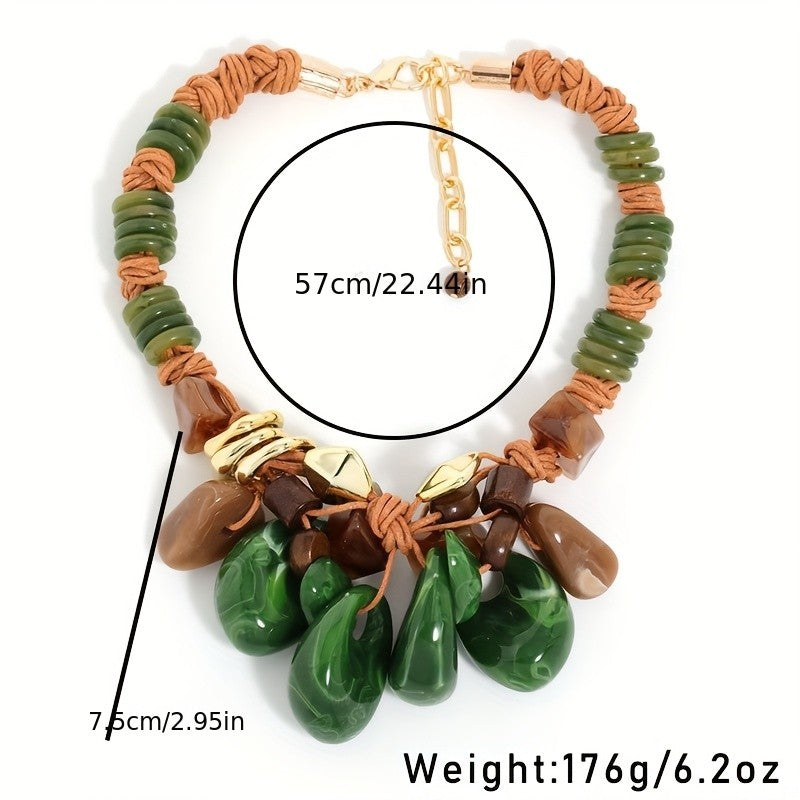 Boho Woven Rope Malachite Teardrop Necklace