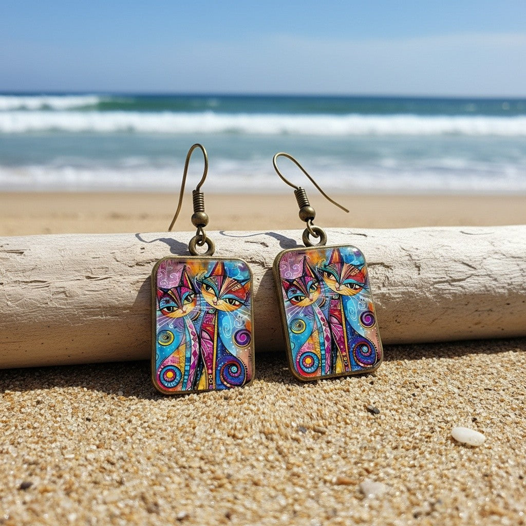 Boho Colorful Abstract Cat Earrings