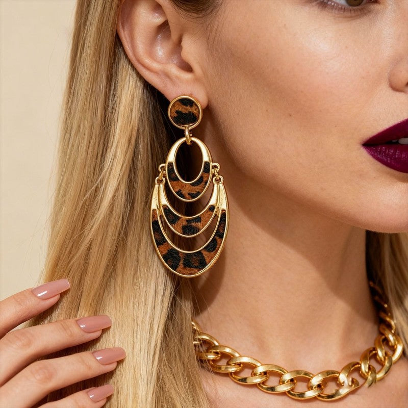 Vintage Leopard Print Layered Oval Earrings