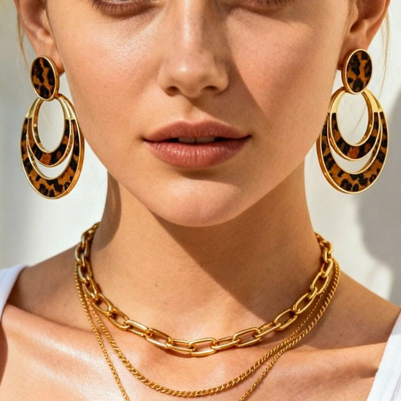 Vintage Leopard Print Layered Oval Earrings