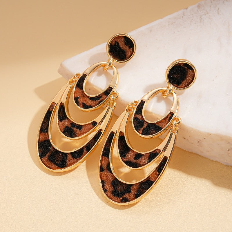 Vintage Leopard Print Layered Oval Earrings