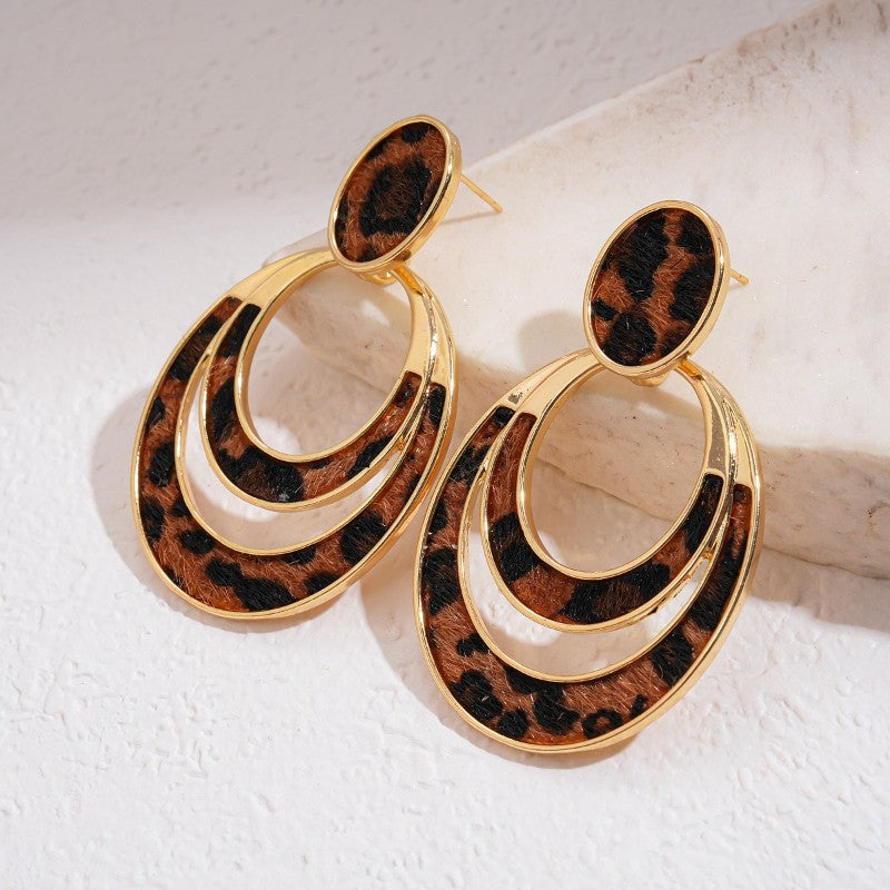 Vintage Leopard Print Layered Oval Earrings