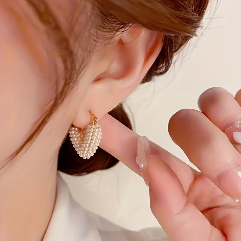 Vintage Faux Pearl Heart Hoop Earrings