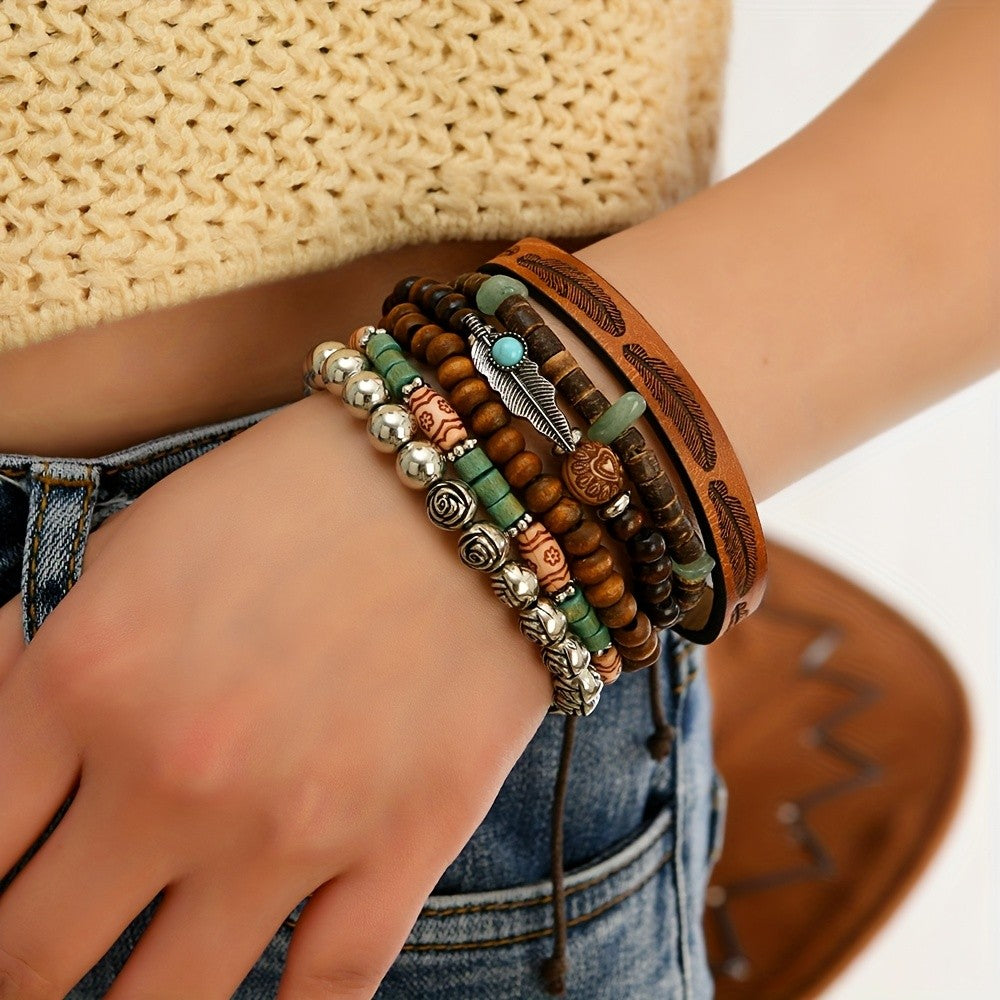 6pc Vintage Boho Feather & Wood Bracelet Set