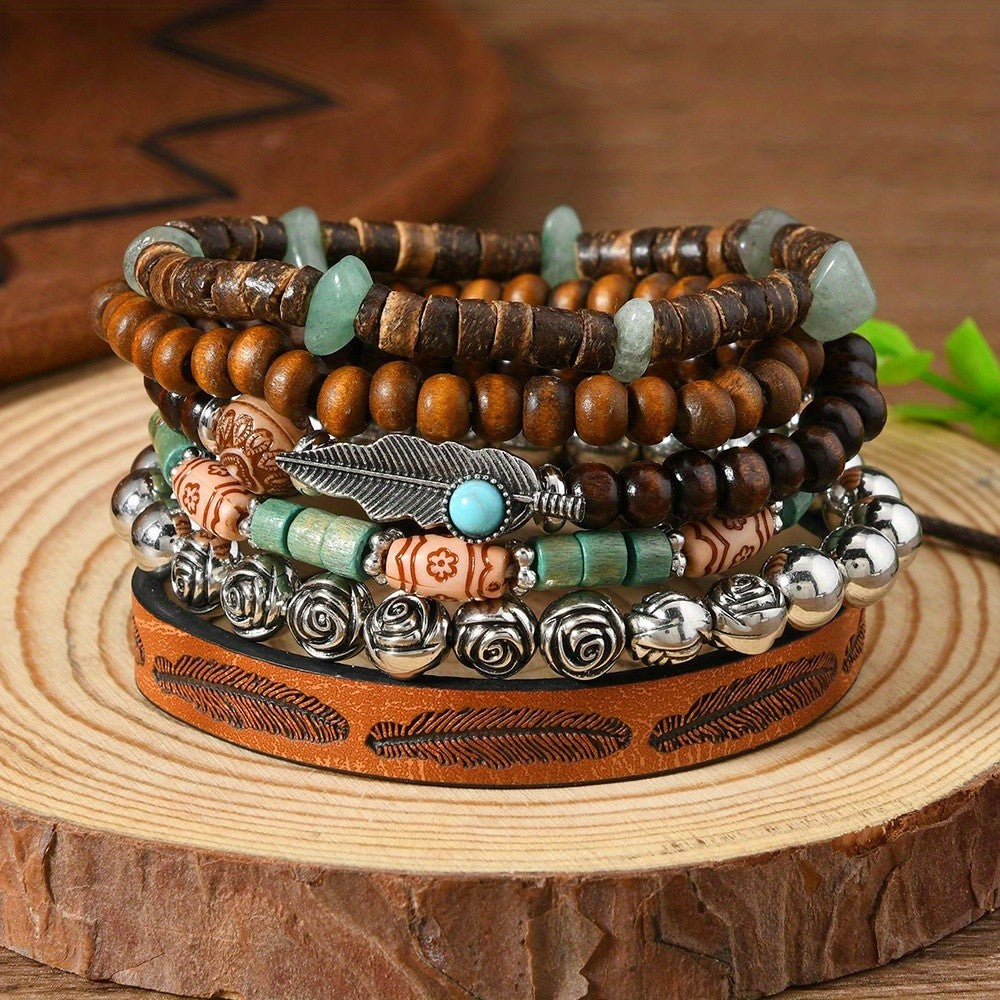 6pc Vintage Boho Feather & Wood Bracelet Set