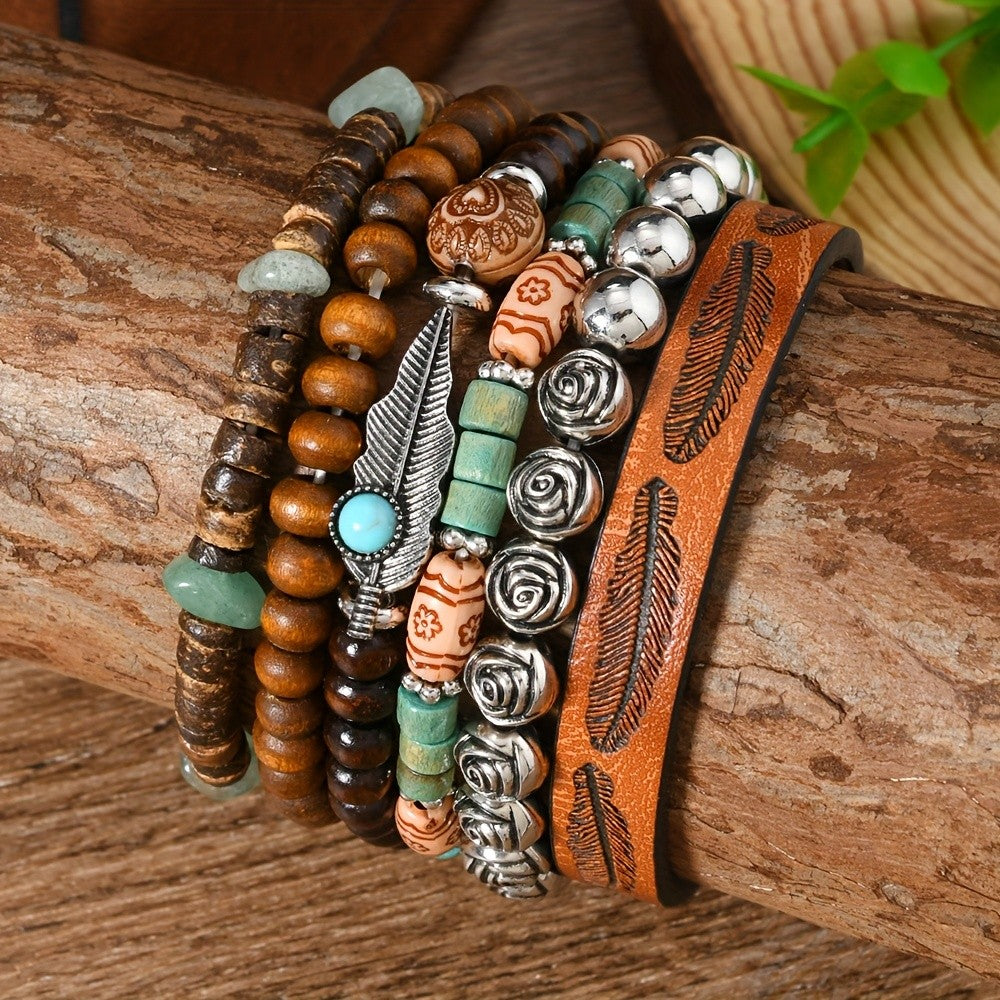 6pc Vintage Boho Feather & Wood Bracelet Set