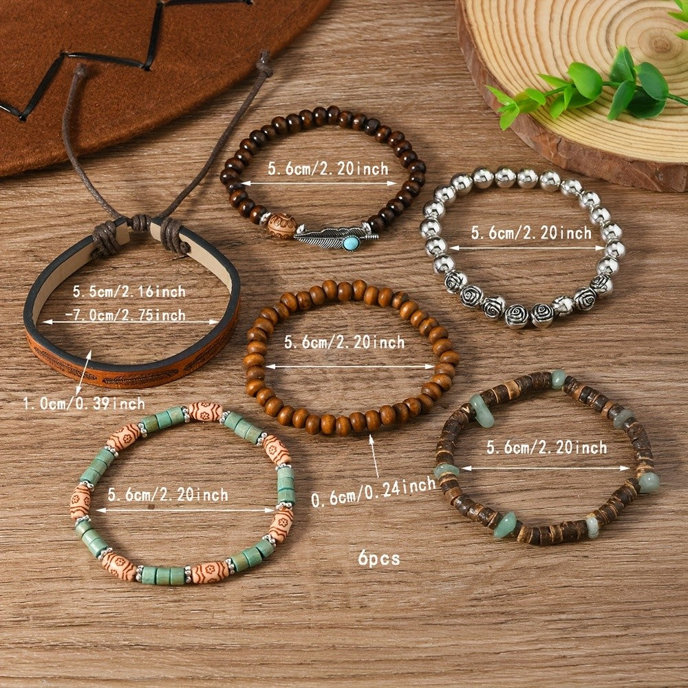 6pc Vintage Boho Feather & Wood Bracelet Set