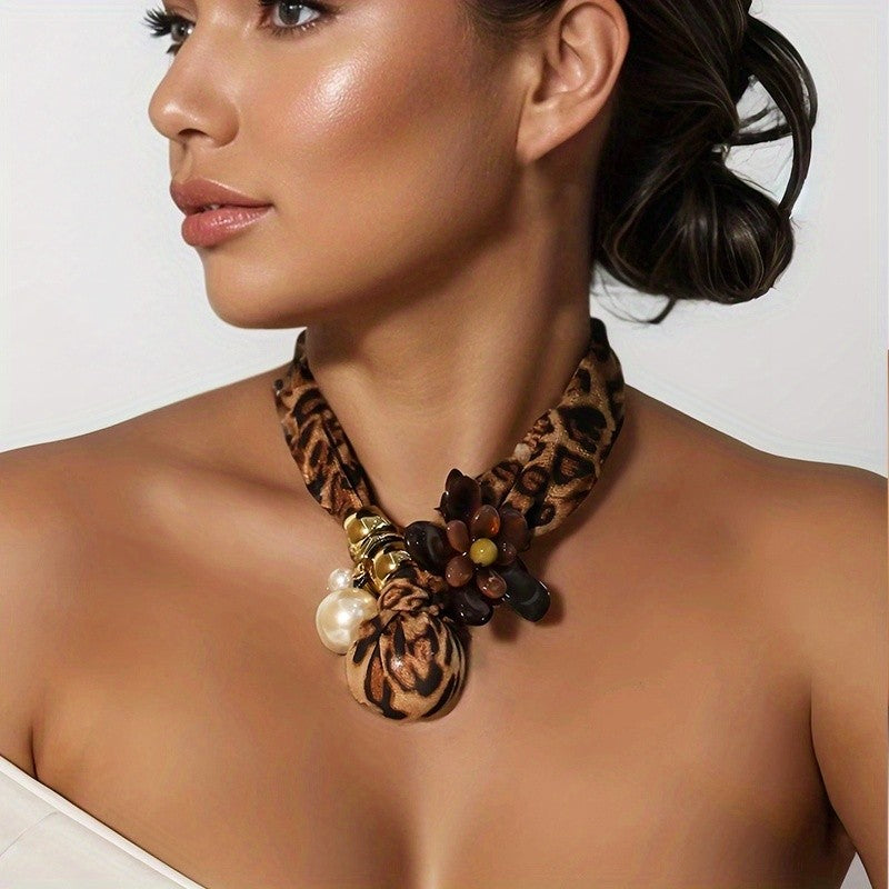 Boho Leopard Print Scarf Flower Necklace
