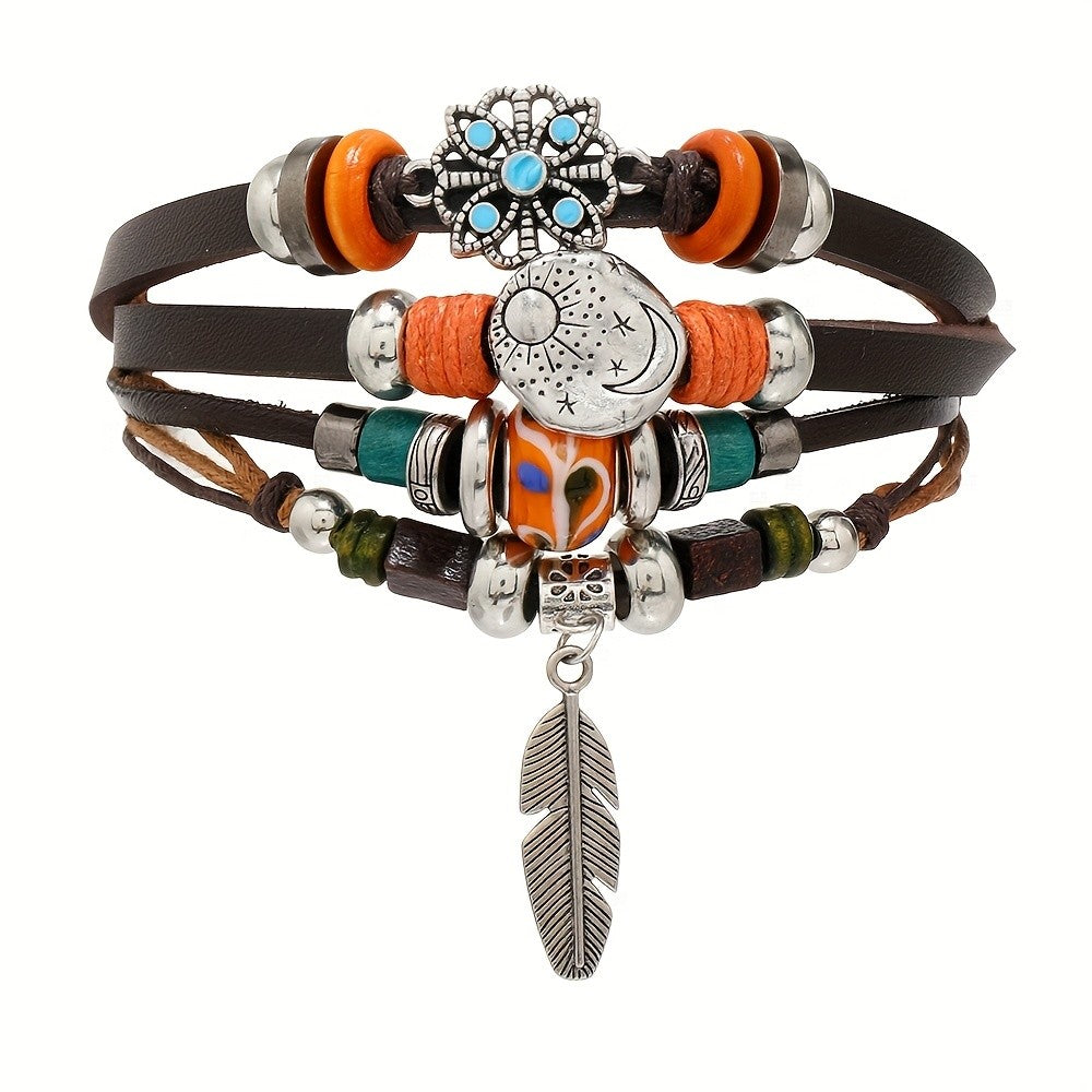 Boho Vintage Moon & Feather Wrap Bracelet