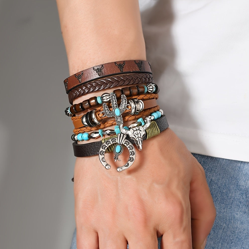 Boho Vintage Turquoise Bull Skull & Cactus Bracelet Set