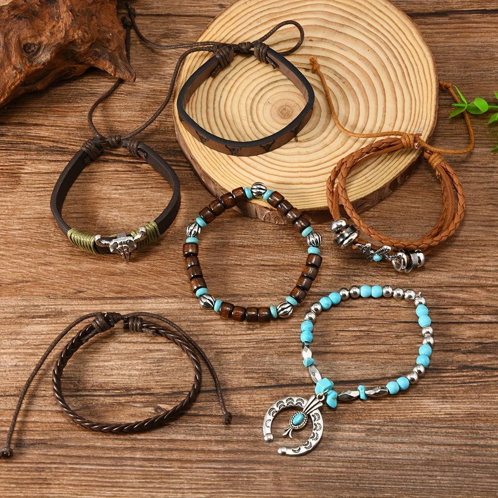 Boho Vintage Turquoise Bull Skull & Cactus Bracelet Set
