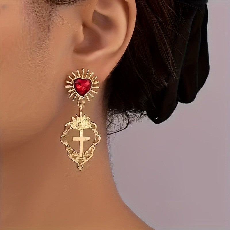 2pc Vintage Sacred Heart Cross Earrings