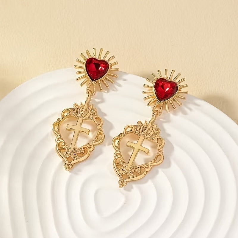 2pc Vintage Sacred Heart Cross Earrings