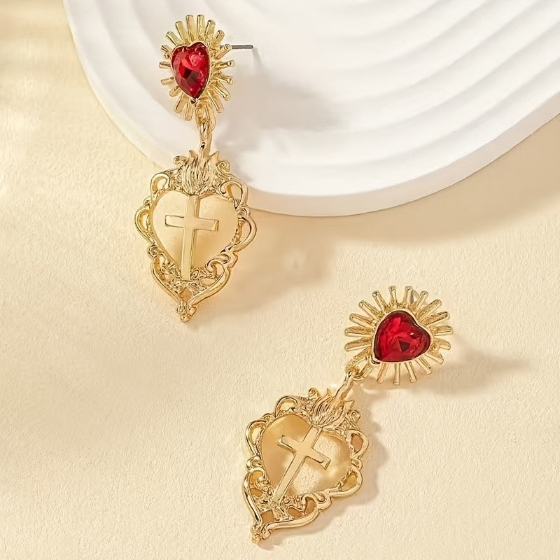 2pc Vintage Sacred Heart Cross Earrings