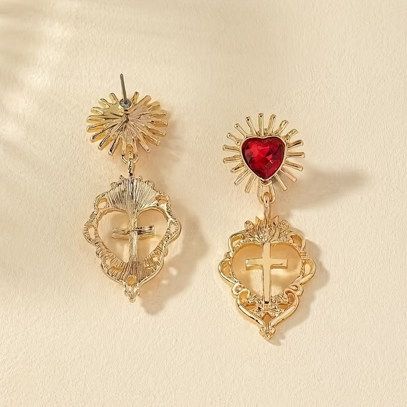 2pc Vintage Sacred Heart Cross Earrings