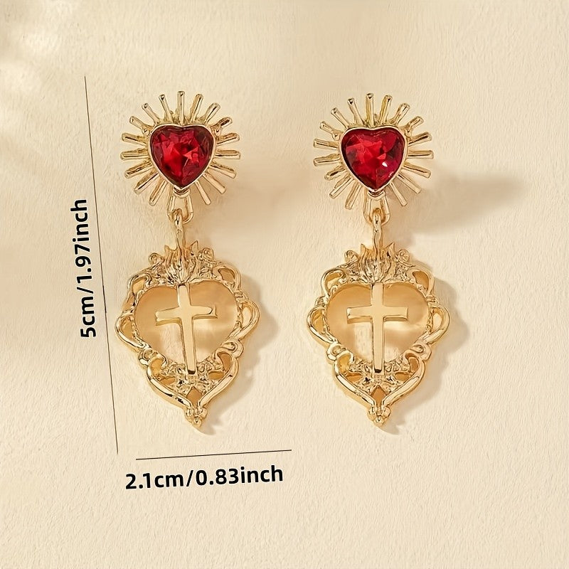 2pc Vintage Sacred Heart Cross Earrings