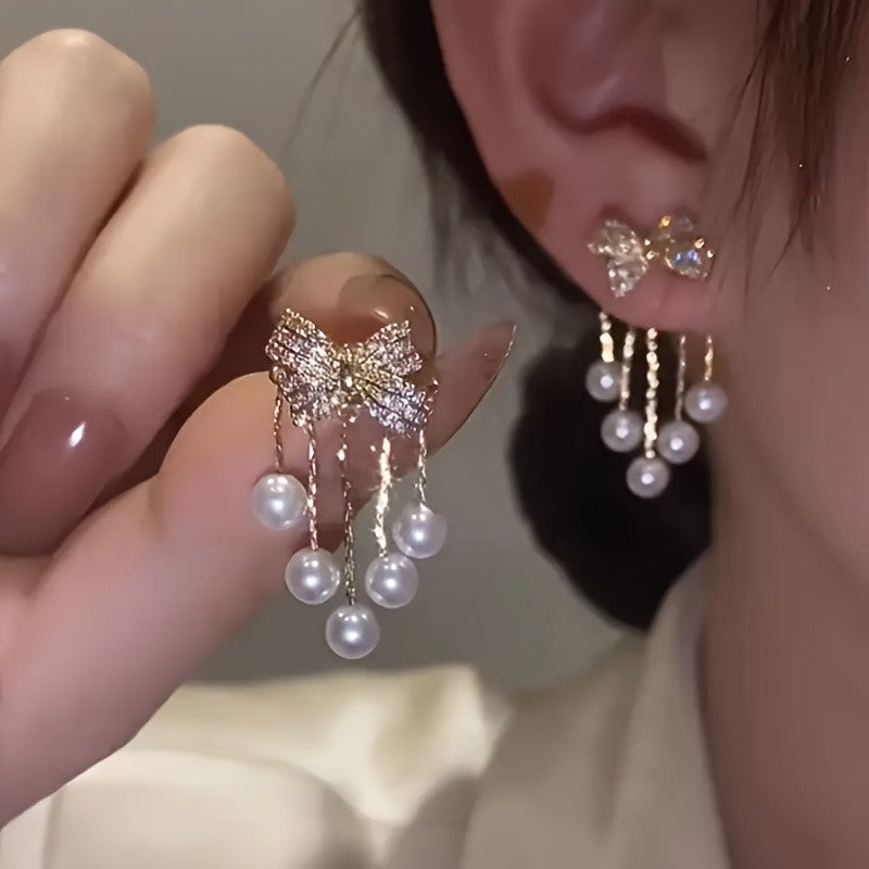 Elegant Zircon Bow Pearl Earrings