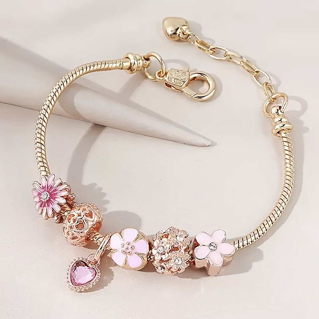 Romantic Pink Flower & Heart Charm Bracelet