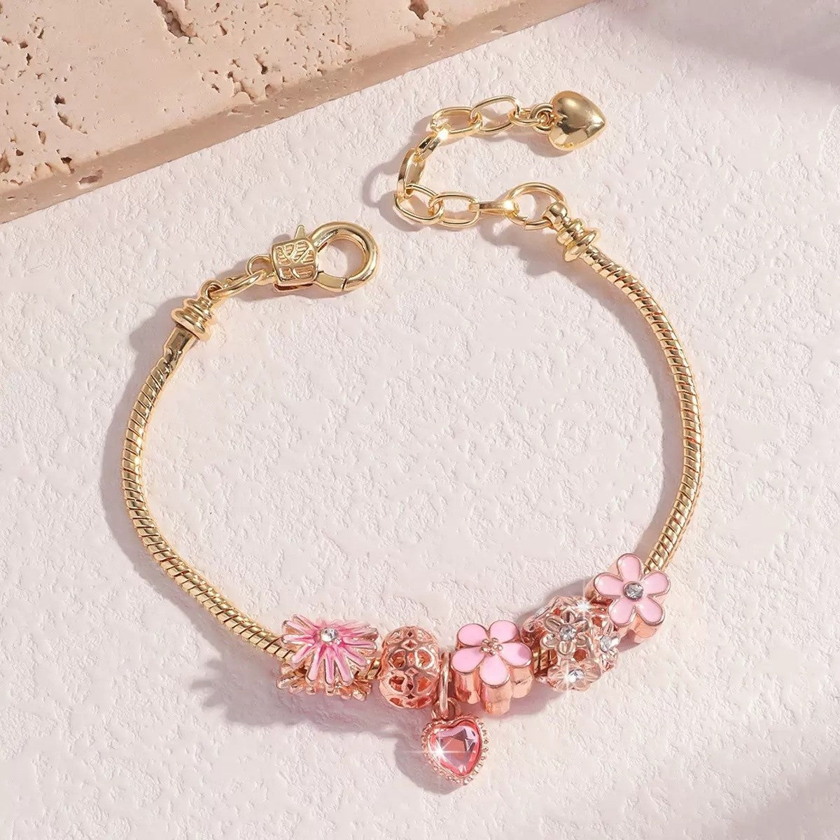 Romantic Pink Flower & Heart Charm Bracelet