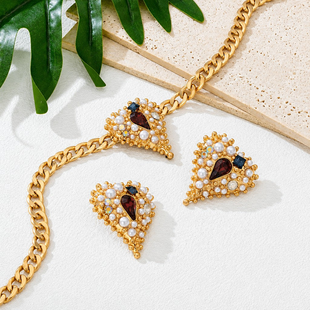 Vintage Pearl Heart Necklace and Earring Set