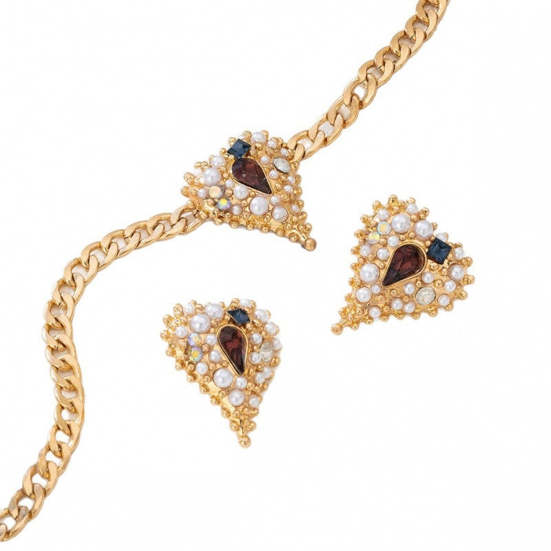 Vintage Pearl Heart Necklace and Earring Set