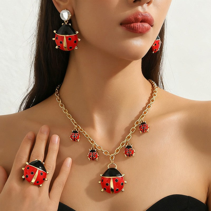 Vintage Ladybug Necklace, Earring & Ring Set