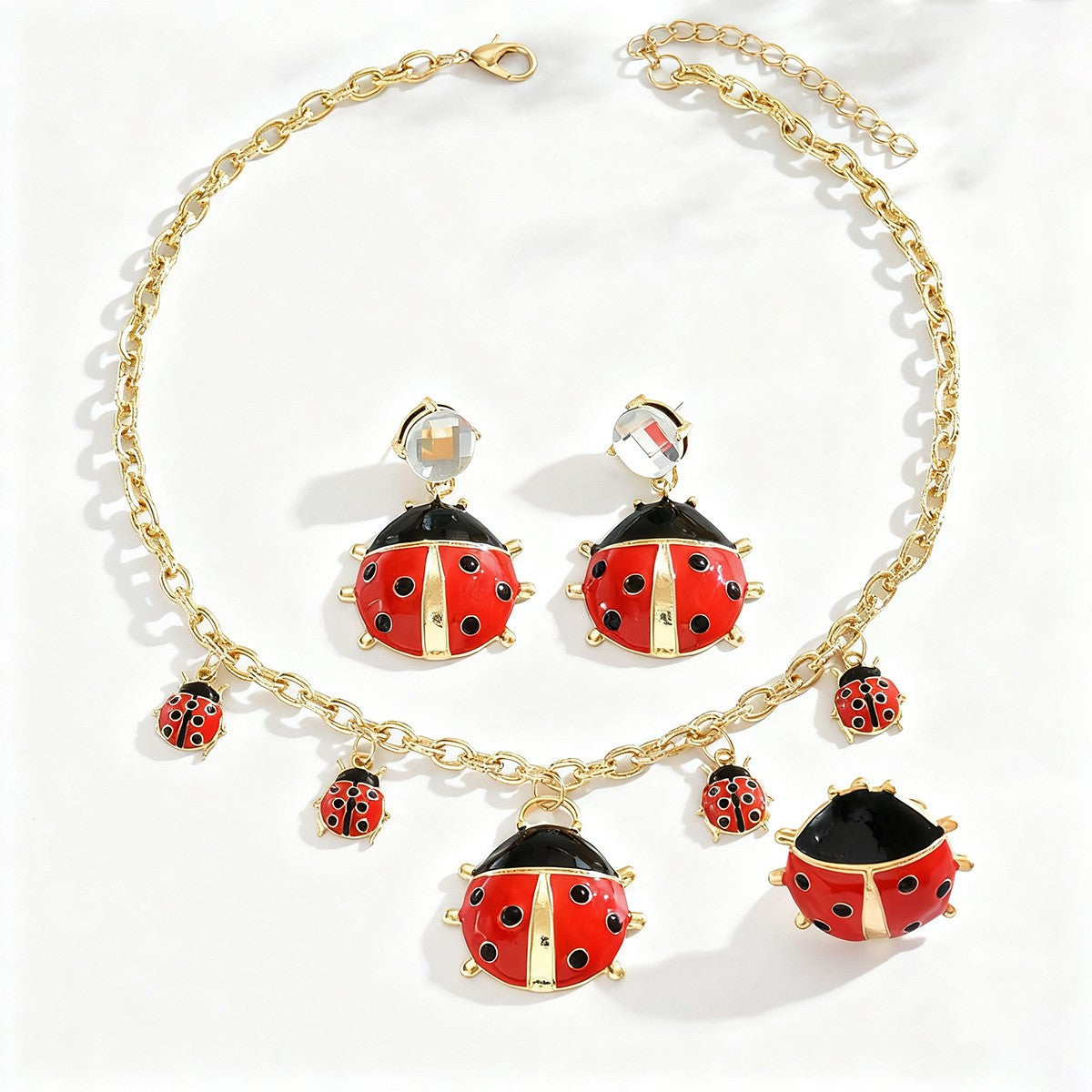Vintage Ladybug Necklace, Earring & Ring Set