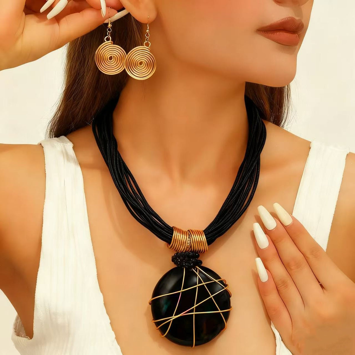 S925 Boho White Marble Resin Necklace & Earring Set