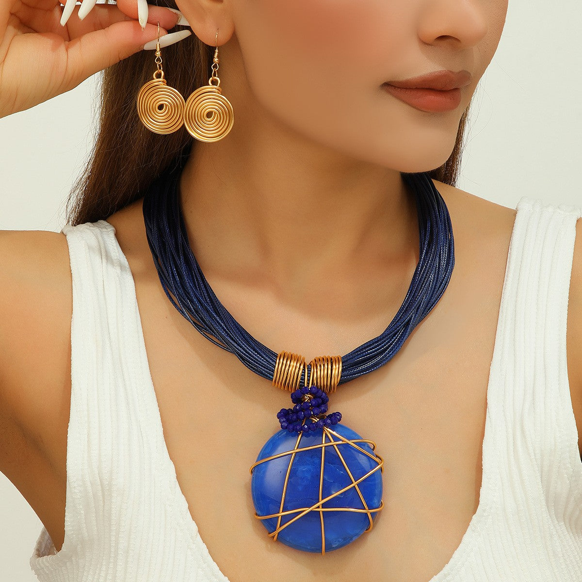 S925 Boho White Marble Resin Necklace & Earring Set