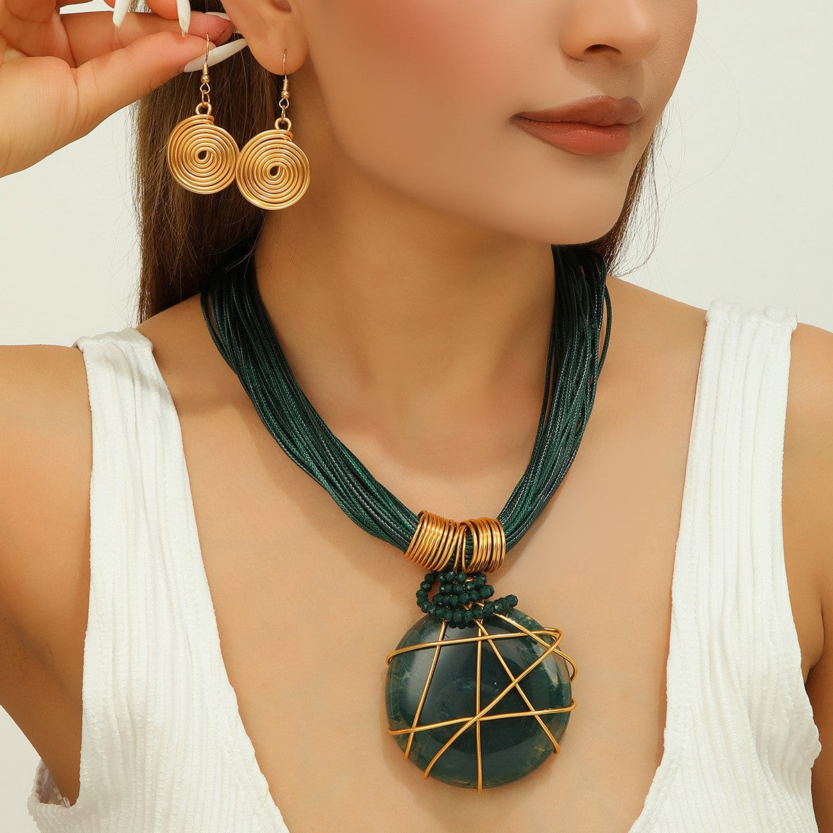S925 Boho White Marble Resin Necklace & Earring Set