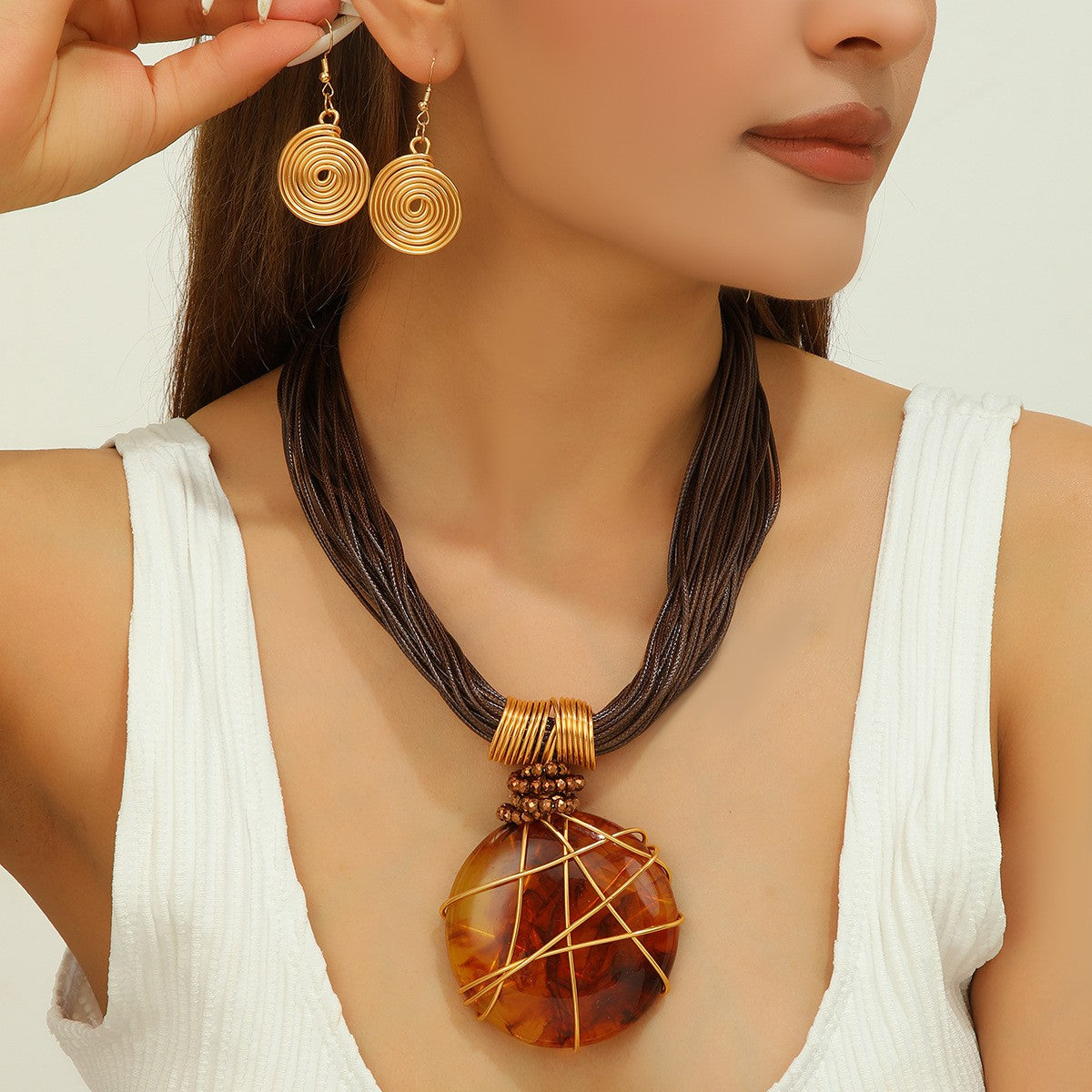 S925 Boho White Marble Resin Necklace & Earring Set