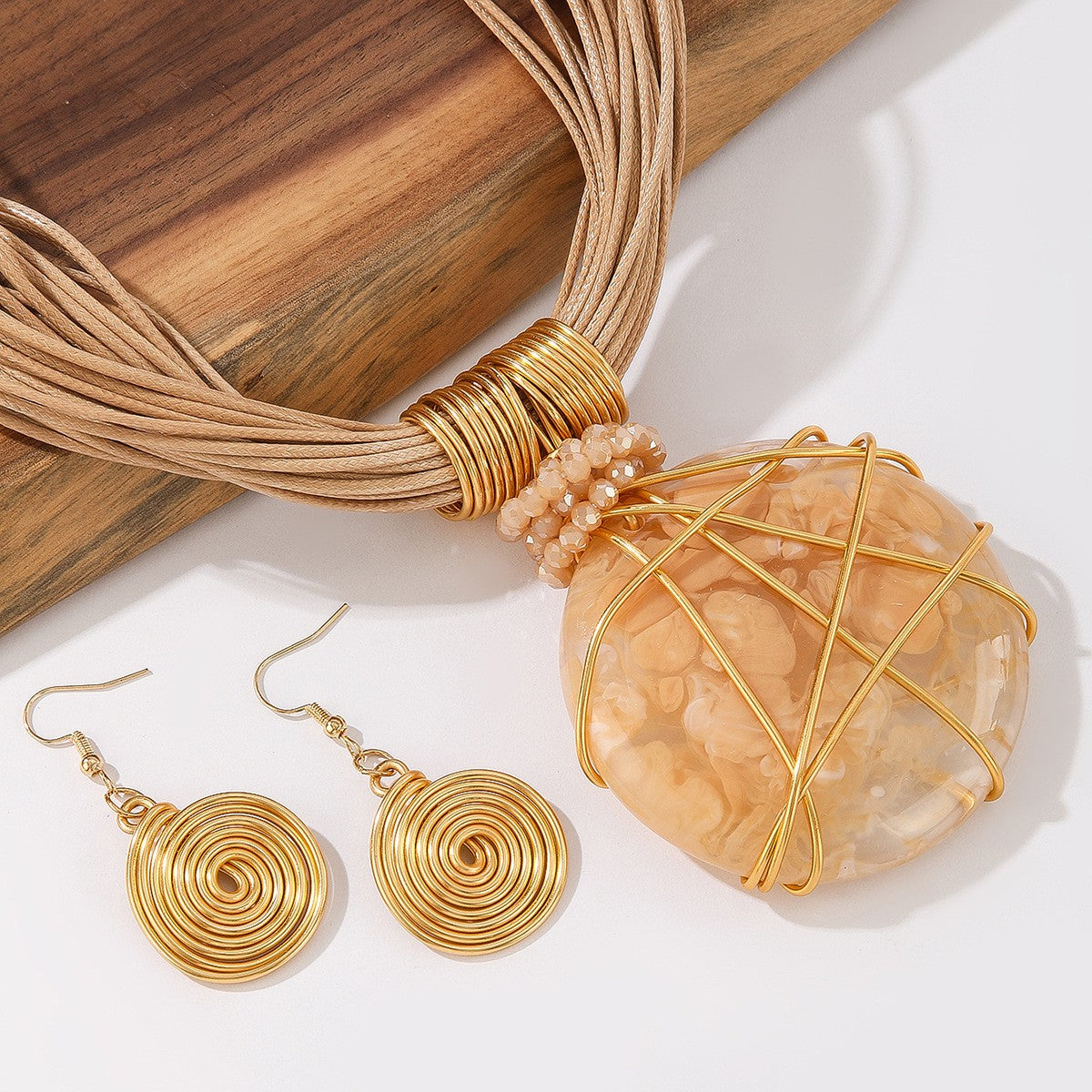 S925 Boho White Marble Resin Necklace & Earring Set