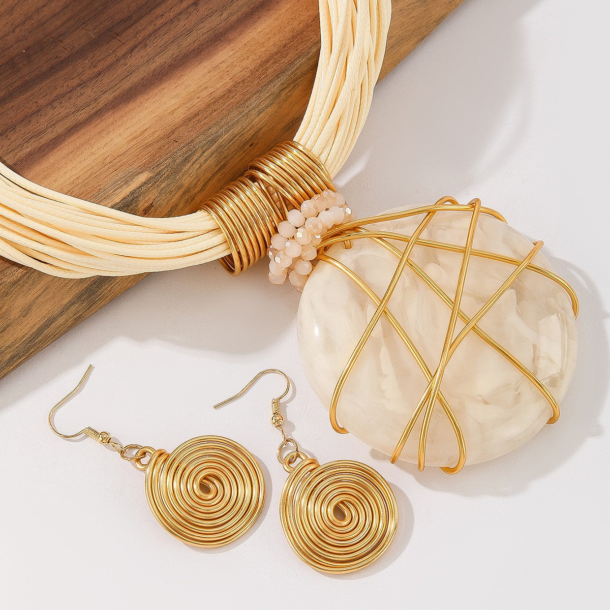 S925 Boho White Marble Resin Necklace & Earring Set