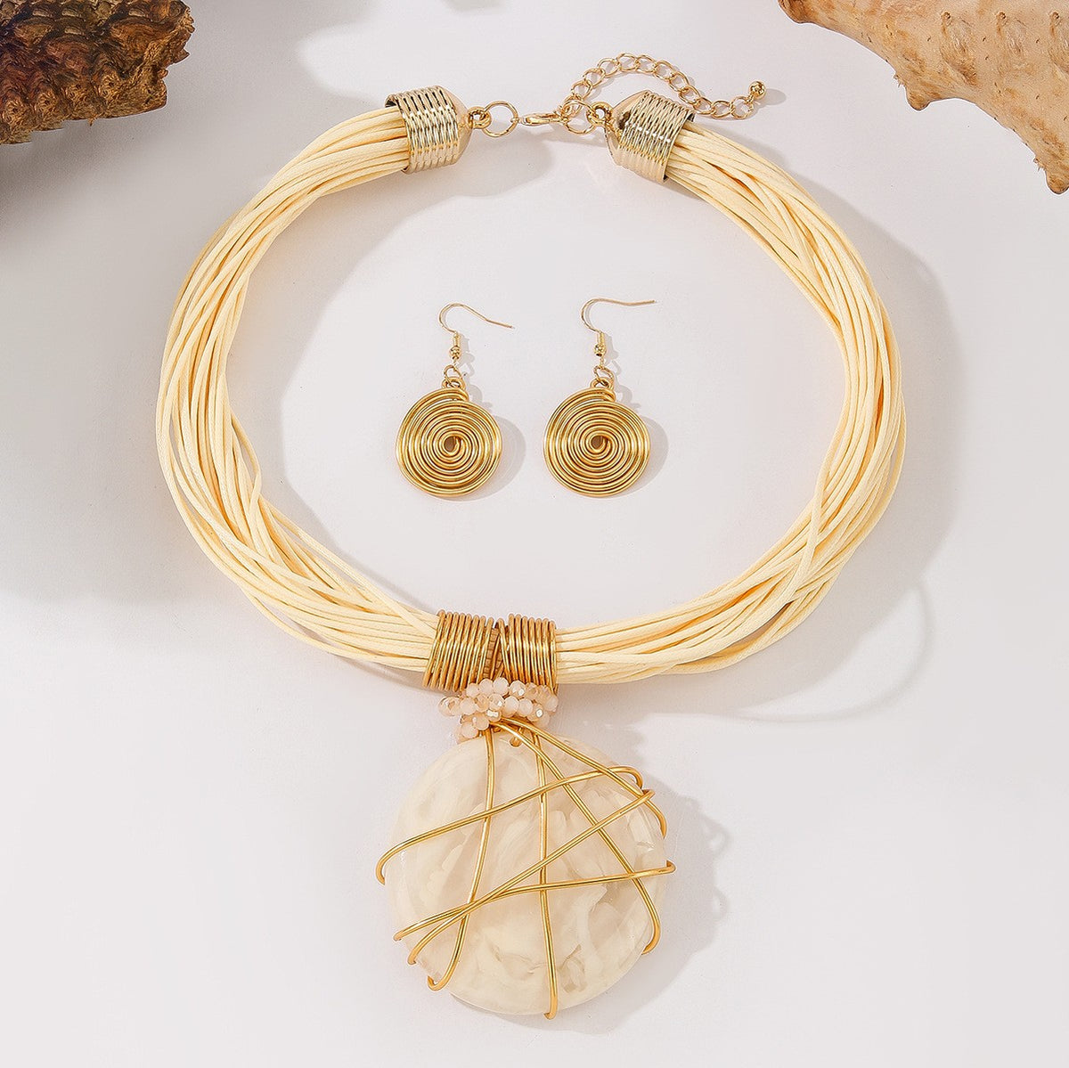 S925 Boho White Marble Resin Necklace & Earring Set