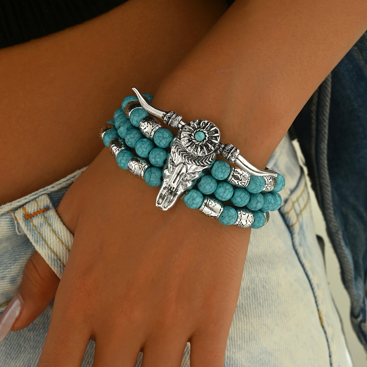Boho Turquoise Bull Skull Bracelet