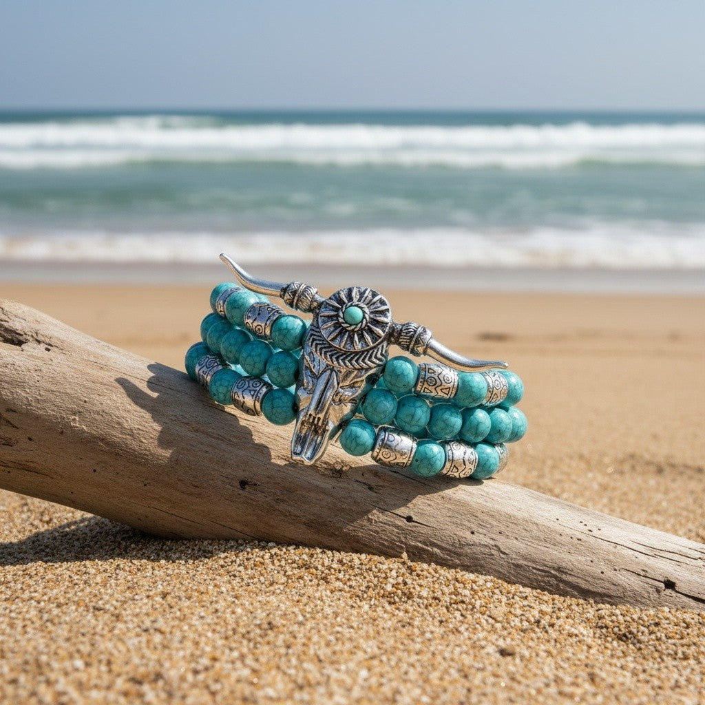 Boho Turquoise Bull Skull Bracelet