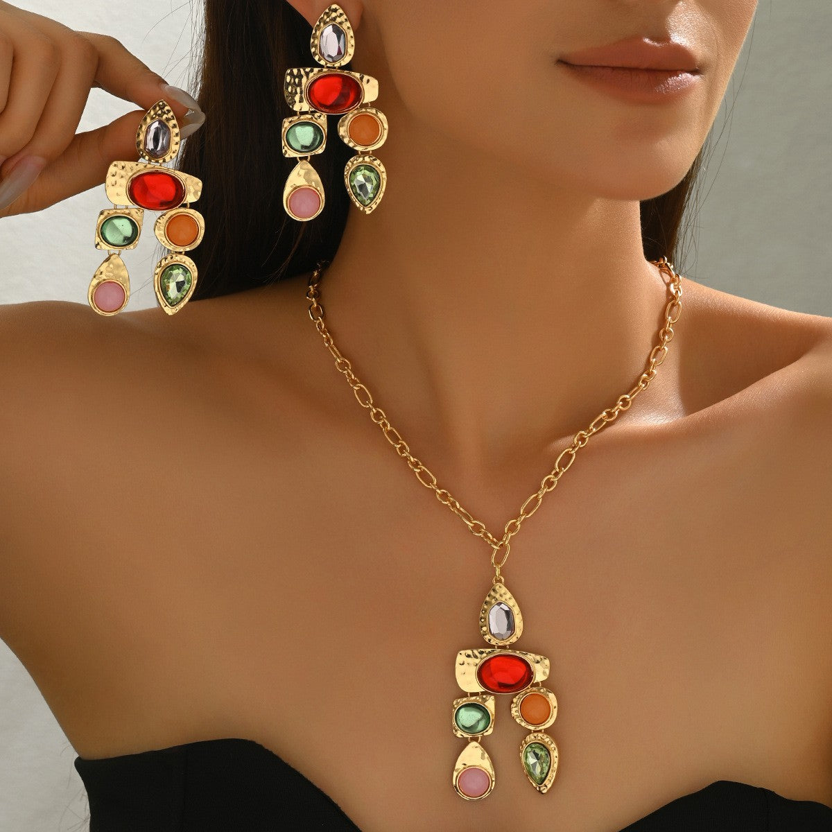 Vintage Multicolor Gemstone Necklace & Earring Set